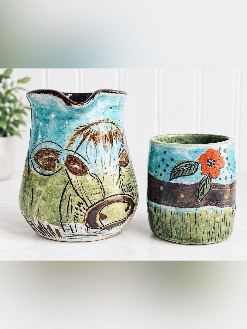 Cow Pottery Pitcher & Pinch Cup Set Cow - Rustic Farmhouse Mountains Floral Art